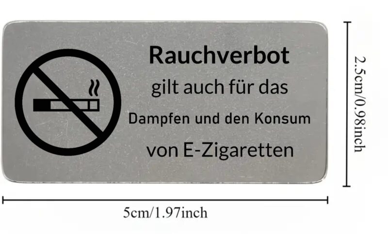 Rauchverbot Schild Edelstahl 5x2,5cm selbstklebend Lasergravur E-Zigaretten STOP