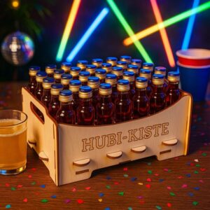 Holzkiste Holzbox mit  3 Einsätze HUBI-KISTE Bausatz Geschenk 24er Mini-Flaschen