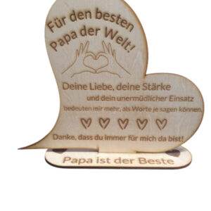 Holzschild Herz f&uuml;r Papa, gravierter Dekoaufsteller als Geburtstagsgeschenk