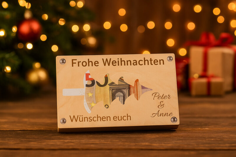 Weihnachts-Geldgeschenk aus Holz mit persönlicher Gravur