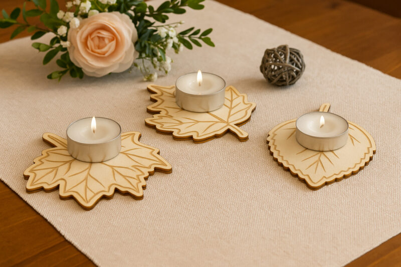 Teelichthalter 3er Set aus Pappelholz mit Blattmotiv, je 120 mm, Herbstdeko