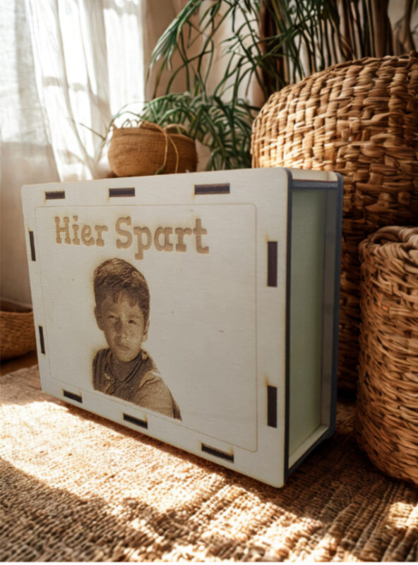 Personalisierte Spardose aus Holz mit Foto & Gravur – Bild 2